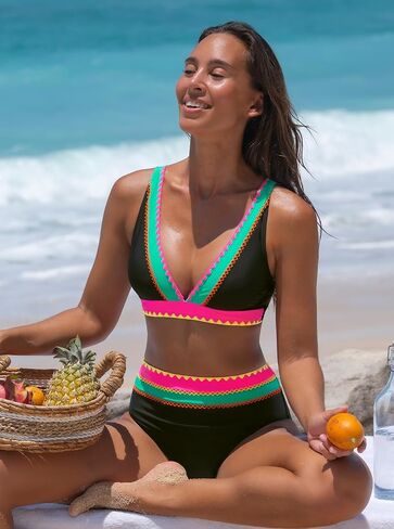 Popvil عالية الخصر بيكيني مجموعات للنساء قطعتين لباس سباحة نيون ملابس السباحة الخامس الرقبة التغطية الكاملة بِدل السباحة 2026 in Kuwait