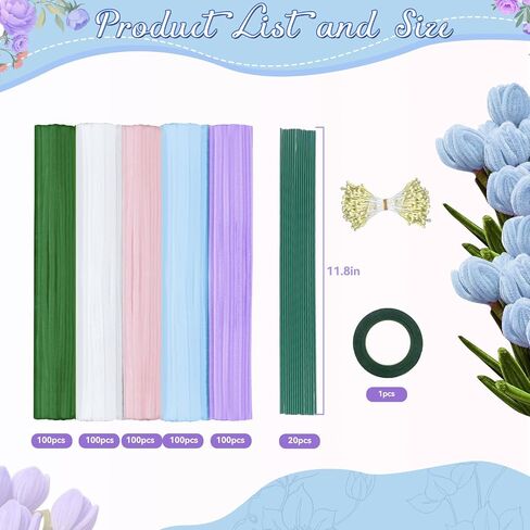 500 PCS أنابيب منظفات الحرف ، والسيقان الكثيفة الغامضة في تشينيل لمجموعة صناعة الزهور DIY ، والمنظفات الأنابيب بشكل كبير للفنون والحرف ديكورات مشاريع DIY ، مع أسلاك الأزهار تنبع ، وأشرطة الأزهار ، وأسلاك الزهرة in Kuwait
