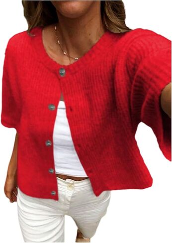 GORGLITTER Women's Short Sleeve Button Up Cardigan Crewneck Lightweight Knit Business Casual Sweater Old Money Tops in Saudi Arabia