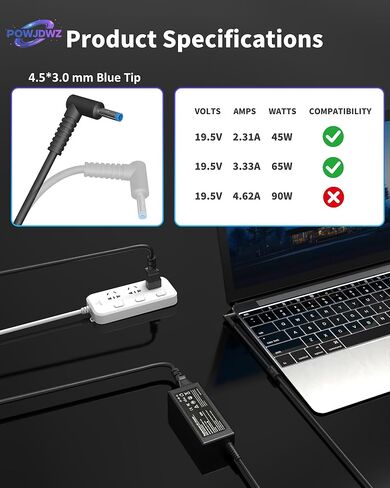 65W 45W شاحن كمبيوتر محمول متوافق مع HP Pavilion Envy Probook EliteBook Power Power Cord Smart Blue Tip Adapter AC in Kuwait