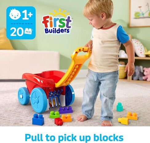 Mega Bloks First Builders Building Building Toy و Block Scooping Pull Wagon مع 20 قطعة وتخزين مدمج ، تلتقط الكتل ، الأحمر ، الأطفال الذين تتراوح أعمارهم بين 1+ in Saudi Arabia