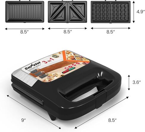 Sunvivi 3 in 1 Electric Sandwich Maker: Panini Press Grill and Waffle Iron Set, Grill and Sandwich Press with Removable Nonstick Plates, Indicator Lights & Cool Touch Handle, 800W, Black in Kuwait