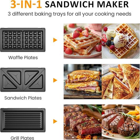 Sunvivi 3 in 1 Electric Sandwich Maker: Panini Press Grill and Waffle Iron Set, Grill and Sandwich Press with Removable Nonstick Plates, Indicator Lights & Cool Touch Handle, 800W, Black in Kuwait