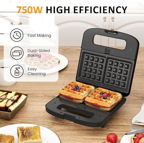 Sunvivi 3 in 1 Electric Sandwich Maker: Panini Press Grill and Waffle Iron Set, Grill and Sandwich Press with Removable Nonstick Plates, Indicator Lights & Cool Touch Handle, 800W, Black in Kuwait