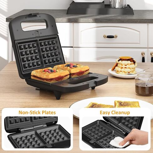 Sunvivi 3 in 1 Electric Sandwich Maker: Panini Press Grill and Waffle Iron Set, Grill and Sandwich Press with Removable Nonstick Plates, Indicator Lights & Cool Touch Handle, 800W, Black in Kuwait