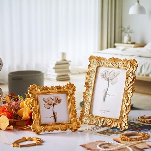 7 Pcs Vintage Resin Picture Frames Set Antique Gold Mini Photo Frames Small Baroque Oval Rectangle Ornate for Home Wedding Display 4x4, 5x7inch(Classic Style) in Kuwait