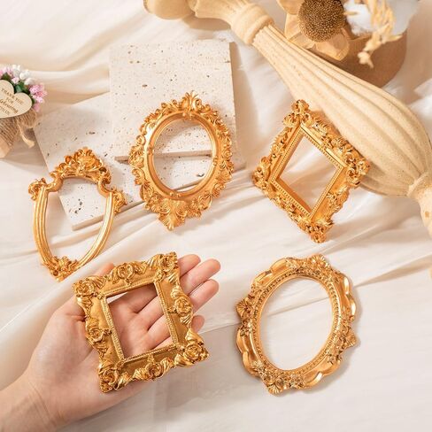 7 Pcs Vintage Resin Picture Frames Set Antique Gold Mini Photo Frames Small Baroque Oval Rectangle Ornate for Home Wedding Display 4x4, 5x7inch(Classic Style) in Kuwait