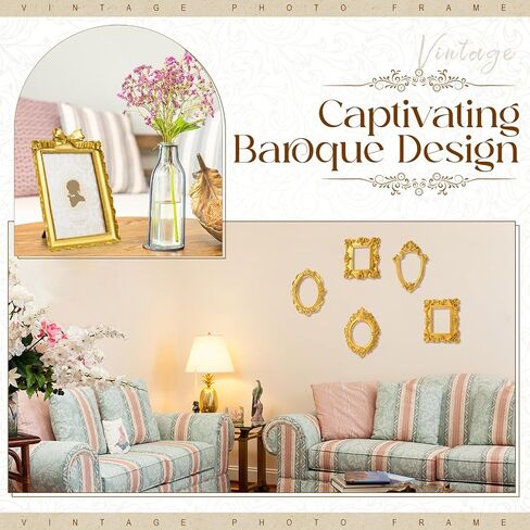 7 PCS إطارات صور راتنج عتيقة تعيين عتيقة الذهب المصغر إطارات الصور الباروكية الصغيرة مستطيل مزخرف لعرض الزفاف المنزل 4x4 ، 5x7inch (النمط الكلاسيكي) in Saudi Arabia