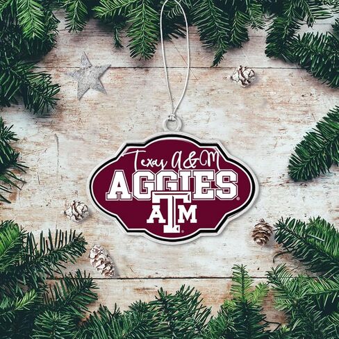 زينة عيد الميلاد بتصميم إطار Texas A&M Aggies مع شعار الفريق، زخرفة شجرة هدية معدنية فضية TAMU in Saudi Arabia