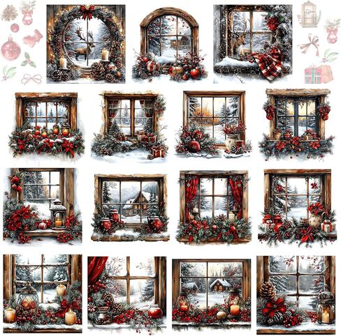 Harloon 15 Sheets Vintage Christmas Rub on Transfers for Crafts and Furniture and Furniture Xmas Vintage Watercolor Window Stickers Rub on Decals for Scrapbook DIY Wood Fabric Journal Envelope in Saudi Arabia