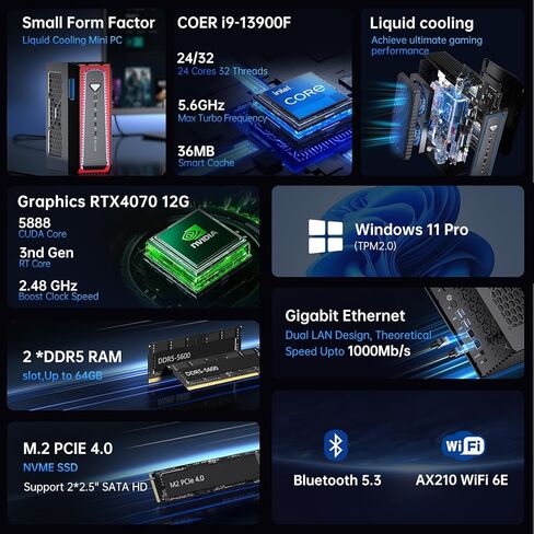 MSECORE MINI Gaming PC COLDING COLDING ، 13th Gen Core I9-13900F مع 64G DDR5 RAM 2T PCIE4.0 SSD كمبيوتر سطح المكتب ، RTX4070S 12G ، 8K ، 1*HDMI ، 3*DisplayPort ، Optical ، WIFI 6E ، Windows 11 Pro in Kuwait