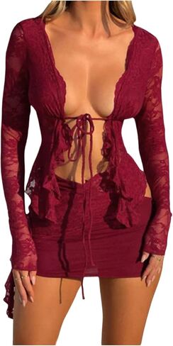 Gorglitter Women's Lace Tie Tops Tops Mesh Ruffle Bow Long Longe See من خلال قميص بلوزة Dary Casual 2025 in Kuwait