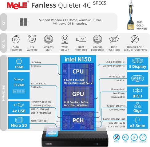 MELE MINI MINI PC أكثر هدوءًا 4C N150 8GB 256GB كمبيوتر سطح المكتب مع Windows 11 Pro ، 2.4/5G Wi-Fi ، USB-C كامل الوظائف ، سطح المكتب الثلاثي 4K على المكتب ، المنزل ، التعليم ، التصوير الفلكي in Kuwait