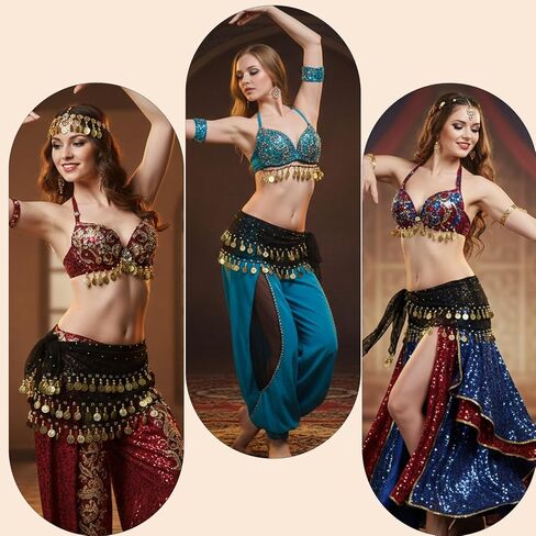 قطعة واحدة من وشاح الورك للرقص الشرقي، ملابس لأوشحة الورك للنساء، وشاح ملفوف، وشاح للرقص، وحزام للرقص، زي التنورة مع الترتر والعملات المعدنية لرقص اليوغا (أسود) in Kuwait
