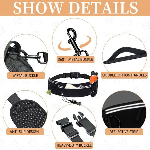 Waist Leash for Dog Walking, Waist Running Leash with Zipper, Walking Pouch for Dog Walking, Reflective Dual Padded Handles Walking Leashs, Bungee Retractable Running for Medium to Large Dogs in Saudi Arabia