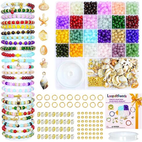 Laopottbeads مع السحر تحت عنوان الشاطئ 1320pcs حبات زجاجية 6 مم لعدة سوار صنع سوار ، و 24 لونا من الخرز الكريستال مع فواصل للحرف المجوهرات DIY ، هدية رائعة للفتيات الذين تتراوح أعمارهم بين 6-12 in Kuwait