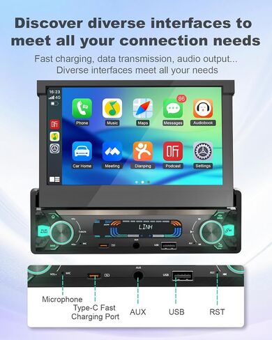 y-metdrviing محرك واحد دين واحد DIN سلكية سلكية Carplay Car Stereo مع Bluetooth 5.1 ، 7 بوصة الوجه الشاشة راديو مشغل MP5 ، قم بوجه ستيريو السيارة مع Android Auto ، Link Link/USB/FM/Backup Camera in Kuwait