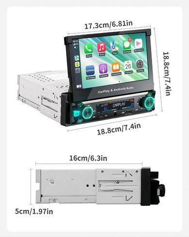 y-metdrviing محرك واحد دين واحد DIN سلكية سلكية Carplay Car Stereo مع Bluetooth 5.1 ، 7 بوصة الوجه الشاشة راديو مشغل MP5 ، قم بوجه ستيريو السيارة مع Android Auto ، Link Link/USB/FM/Backup Camera in Kuwait