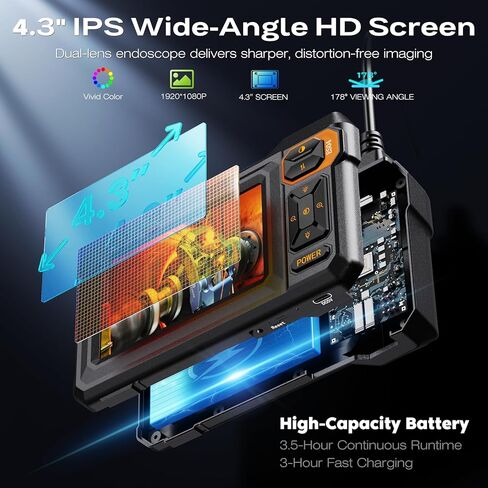 كاميرا تفتيش Borescope من المنظار مع الضوء ، 4.3 "IPS 1920p HD كاميرا ، 7.9 مم IP67 مقاوم للماء مع 8 LED قابلة للتعديل ، كابل الأفعى شبه المقصود 16.4 قدم لمجاري الصرف الصحي ، محرك السيارات ، الأنابيب ، HVAC in Kuwait
