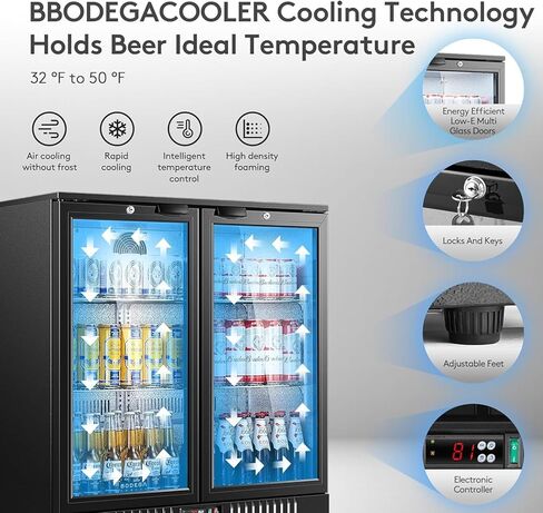 Bodegacooler تجاري للبلاطية الزجاجية ، 18.1 Cu.ft عرض تجاري التاجر الثلاجة ، بار مبرد مع ضوء LED ناعم ، أرفف قابلة للتعديل ، باب الألومنيوم ، أسود in Kuwait
