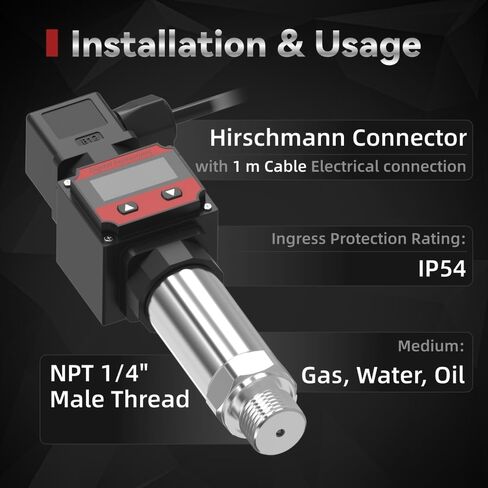محول مستشعر ضغط Lefoo الرقمي 4-20MA مع شاشة LCD الرقمية (مزود الطاقة: 12-30VDC ، نطاق الضغط: 0-145psi) in Kuwait