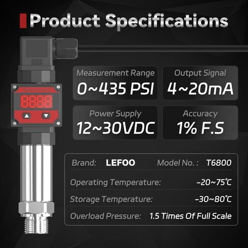 محول مستشعر ضغط Lefoo الرقمي 4-20MA مع شاشة LCD الرقمية (مزود الطاقة: 12-30VDC ، نطاق الضغط: 0-145psi) in Kuwait
