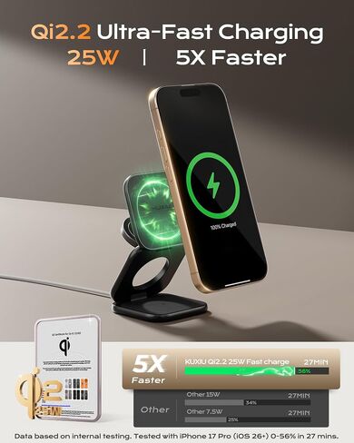 QI2.2 25W شاحن لاسلكي مغناطيسي ، قابلة للطي 3 في محطة شحن سفر لـ iPhone 17/16/15/14/13/12 ، 5W لـ Apple Watch & Airpods ، تصميم سبيكة الألومنيوم ، محول 45W GAN ، رمادي ، in Saudi Arabia