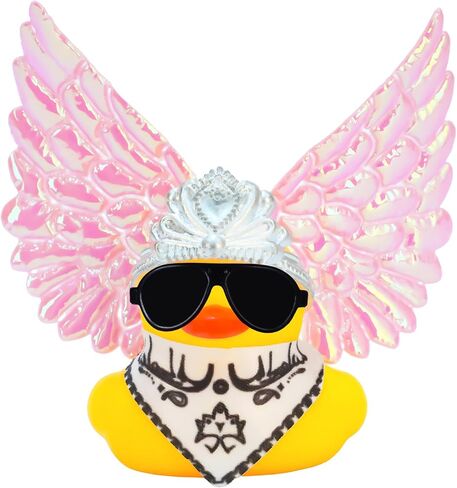 Angle Rubber Duck Car Ornaments with Black Glitter Wing,Cool Squeaky Duck with Crystal Necklace,Moon-shaped Magic Wand Ducky Car Dashboard Decorations Party Favors Ducky with Mini Crown Dress in Saudi Arabia
