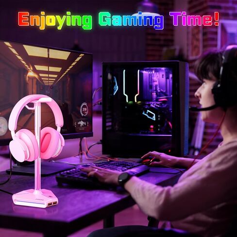 cozoo RGB Headphone Stand with 2 USB2.0 Extension Charging Port Extender Cord,Headset Stand Holder for Gamer Desktop Table Game Earphone Accessories in Saudi Arabia