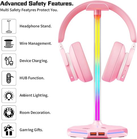 cozoo RGB Headphone Stand with 2 USB2.0 Extension Charging Port Extender Cord,Headset Stand Holder for Gamer Desktop Table Game Earphone Accessories in Saudi Arabia
