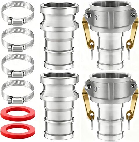 2 مجموعة من تجهيزات Camlock من النوع C & E 2 بوصة كاميرا الألومنيوم والخرطوم للأخدود تشمل مجموعة 2 "قفل كاميرا اقتران الإناث ، 2" محول الذكور ، حشية ، مشابك خرطوم للصناعة in Kuwait