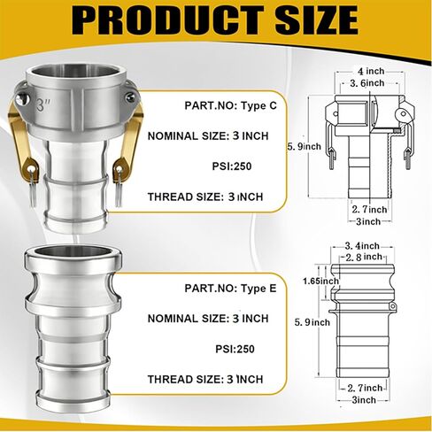 2 مجموعة من تجهيزات Camlock من النوع C & E 2 بوصة كاميرا الألومنيوم والخرطوم للأخدود تشمل مجموعة 2 "قفل كاميرا اقتران الإناث ، 2" محول الذكور ، حشية ، مشابك خرطوم للصناعة in Kuwait
