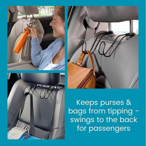 High Road Anbreakable Car Bag Hooks - خطافات كبيرة من مقعد السيارة للمحفظة ، حقيبة الظهر ، المعاطف ، القبعات والأكياس الثقيلة التي تصل إلى 40 رطلاً - مرفق آمن يناسب جميع منشورات مسند الرأس ، عبوة 2 in Kuwait