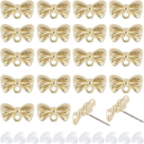Sunnyclue 1 Box 50PCS REAL 18K GOLD PLATED COMRING POSTS STOD ENCRENGENTERS مع صواميل الأذن اللطيفة القوس قرطات ما بعد الأقراط لتصنيع المجوهرات. in Saudi Arabia