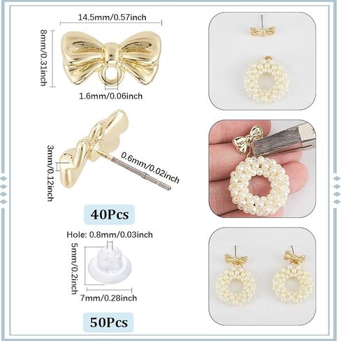 Sunnyclue 1 Box 50PCS REAL 18K GOLD PLATED COMRING POSTS STOD ENCRENGENTERS مع صواميل الأذن اللطيفة القوس قرطات ما بعد الأقراط لتصنيع المجوهرات. in Saudi Arabia