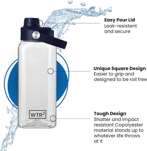 زجاجة مياه مربعة سعة 32 أونصة من WTR²، شفافة، خالية من مادة BPA/BPS، خفيفة الوزن، مانعة للتسرب، غطاء سهل الصب، آمنة على الرف العلوي، تصميم بدون لفة يعني أنها تبقى حيث تتركها (شفافة) in Saudi Arabia