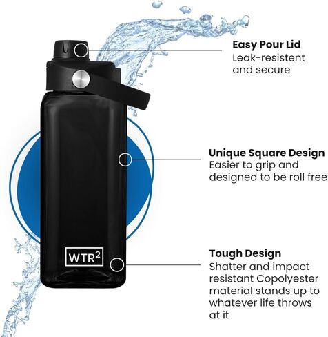 زجاجة مياه مربعة سعة 32 أونصة من WTR²، شفافة، خالية من مادة BPA/BPS، خفيفة الوزن، مانعة للتسرب، غطاء سهل الصب، آمنة على الرف العلوي، تصميم بدون لفة يعني أنها تبقى حيث تتركها (شفافة) in Kuwait
