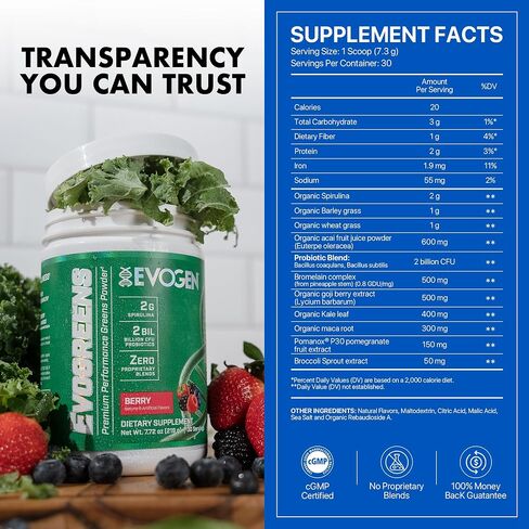 Evogen Evogreens - Super Greens Powder | يعزز الانتعاش والعافية وصحة المناعة | مسحوق الأطعمة الخضراء مع سبيرولينا ، البروبيوتيك ، مستخلص الرمان pomanox | لكمة الفاكهة | 30 حصص in Saudi Arabia