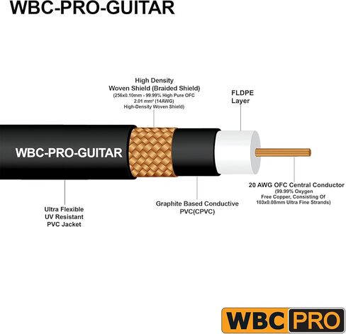 18 قدم - جيتار WBC-PRO - 20 AWG - غطاء منخفض (18pF/قدم) - درجة احترافية - قائم على الجرافيت - جيتار مزدوج الحماية، جهير، كابل أداة مع نيوتريك مستقيم إلى زاوية ¼ بوصة (6.35 مم) موصلات TS ذهبية in Saudi Arabia