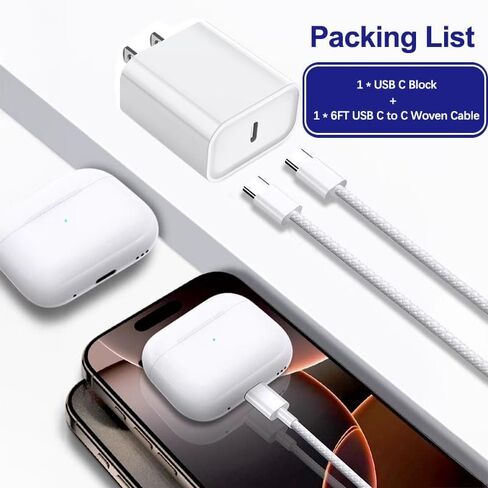 10FT AirPods 4 Charger Fast Charging USB C Wall Block Plug&10Foot USB C to C Woven Cable for AirPods 4,Air-Pods Pro 2,Air-Pods Max 2 (2024),TV Remote 3/4th,TV 4K/Siri Remote 3,iPhone 16/15,Pro Max in Kuwait