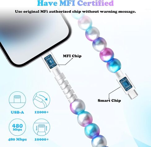 USB C Cable Fast USB to USB C Charging Cable for Girls 3.3FT Cute Pearl Beaded USB Type C Charger Cord Phone Charger Cable for iPhone 16 Pro Max 15 Pro Max Plus Galaxy S25 S24 S23 S22 S21 in Kuwait