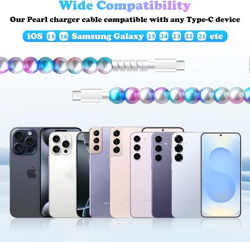 USB C Cable Fast USB to USB C Charging Cable for Girls 3.3FT Cute Pearl Beaded USB Type C Charger Cord Phone Charger Cable for iPhone 16 Pro Max 15 Pro Max Plus Galaxy S25 S24 S23 S22 S21 in Kuwait