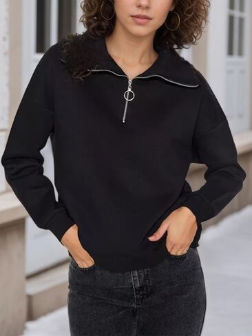 Women's Half Zipper Sweatshirts Casual Pullover Sweaters Shirts Long Sleeve Tready Fall Tunic Blouse Tops in Saudi Arabia