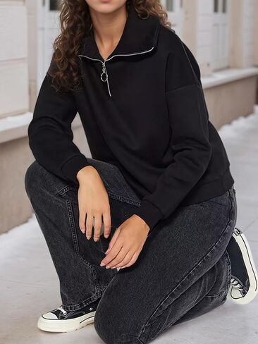 Women's Half Zipper Sweatshirts Casual Pullover Sweaters Shirts Long Sleeve Tready Fall Tunic Blouse Tops in Saudi Arabia