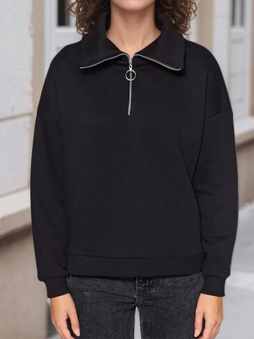 Women's Half Zipper Sweatshirts Casual Pullover Sweaters Shirts Long Sleeve Tready Fall Tunic Blouse Tops in Saudi Arabia