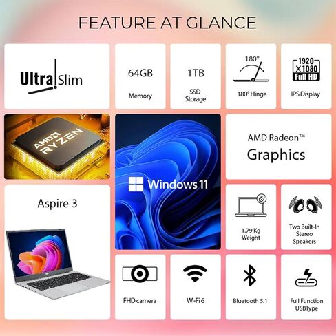 Acer Aspire 3 Premium Laptop مع لوحة مفاتيح الإضاءة الخلفية | AMD RYZEN 5 7430U CPU | 15.6 عرض IPS FHD | 16 جيجابايت ذاكرة الوصول العشوائي | 512GB PCIE SSD | Wi-Fi 6 | Type-C | أنيق ومحمول | Windows 11 Pro in Kuwait