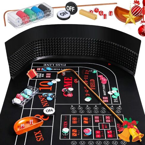 مجموعة من ألعاب Tabletop Craps مع 35*70 "Craps Rubber Tabletop Layout HAT ، 48*11" Craps Pyramid Pyramid Pumper ، 36 "عصا راتان ، زهر كازينو 19 مم ، زر ON/OFF و 100 PCS شرائح in Kuwait