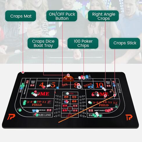 مجموعة من ألعاب Tabletop Craps مع 35*70 "Craps Rubber Tabletop Layout HAT ، 48*11" Craps Pyramid Pyramid Pumper ، 36 "عصا راتان ، زهر كازينو 19 مم ، زر ON/OFF و 100 PCS شرائح in Kuwait