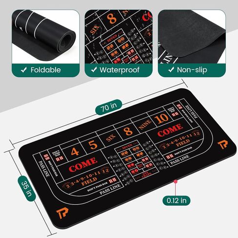 مجموعة من ألعاب Tabletop Craps مع 35*70 "Craps Rubber Tabletop Layout HAT ، 48*11" Craps Pyramid Pyramid Pumper ، 36 "عصا راتان ، زهر كازينو 19 مم ، زر ON/OFF و 100 PCS شرائح in Kuwait