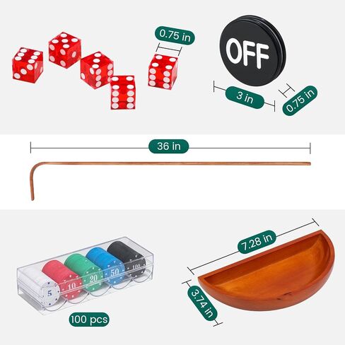 مجموعة من ألعاب Tabletop Craps مع 35*70 "Craps Rubber Tabletop Layout HAT ، 48*11" Craps Pyramid Pyramid Pumper ، 36 "عصا راتان ، زهر كازينو 19 مم ، زر ON/OFF و 100 PCS شرائح in Kuwait